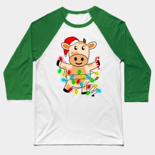 Cow Reindeer Hat Santa Christmas Lights Baseball T-Shirt